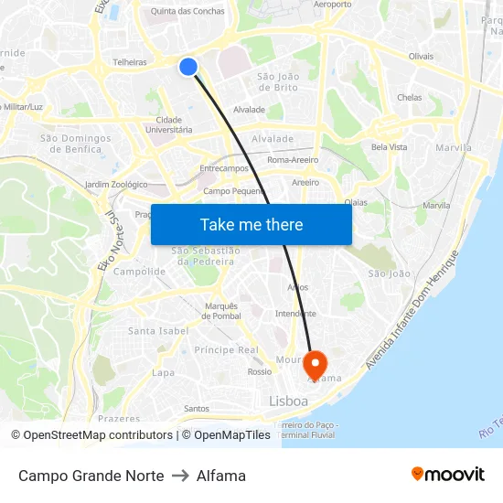 Campo Grande Norte to Alfama map