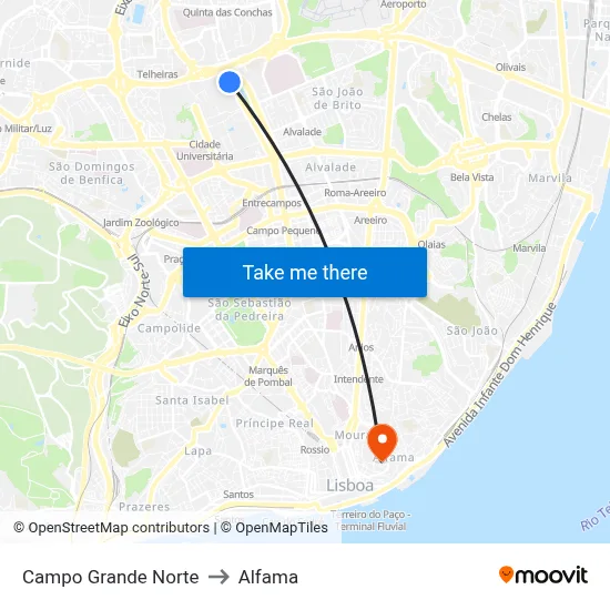 Campo Grande Norte to Alfama map