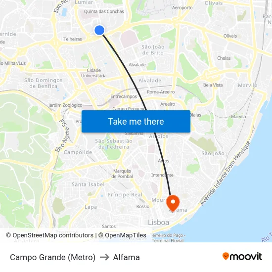 Campo Grande (Metro) to Alfama map