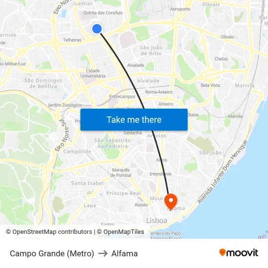 Campo Grande (Metro) to Alfama map