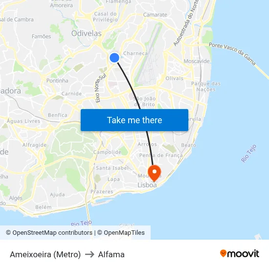 Ameixoeira (Metro) to Alfama map