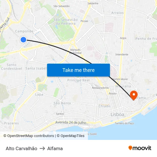 Alto Carvalhão to Alfama map