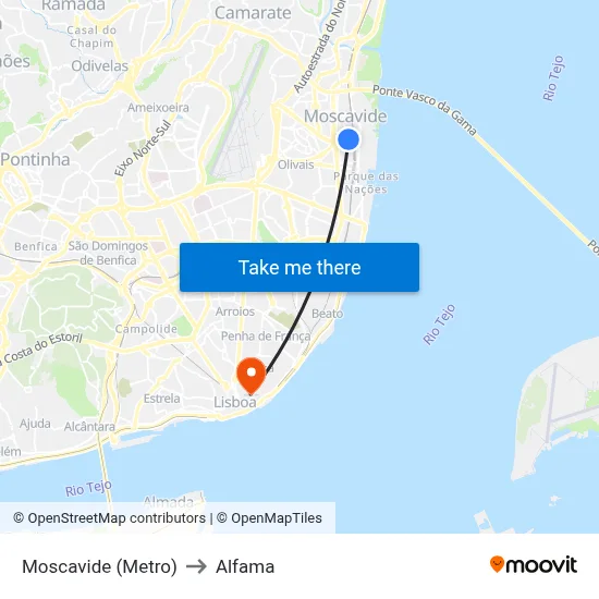 Moscavide (Metro) to Alfama map