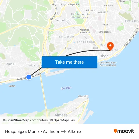 Hosp. Egas Moniz - Av. India to Alfama map