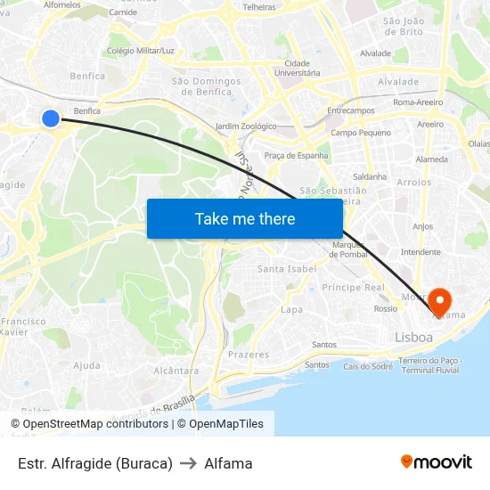 Estr. Alfragide (Buraca) to Alfama map