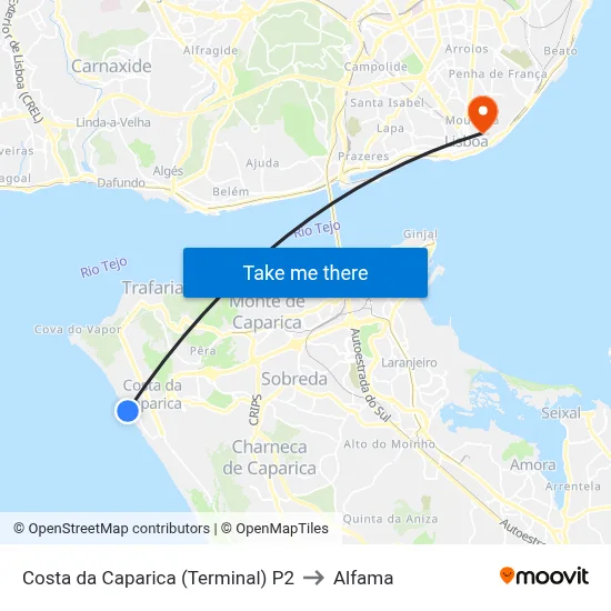 Costa da Caparica (Terminal) P2 to Alfama map