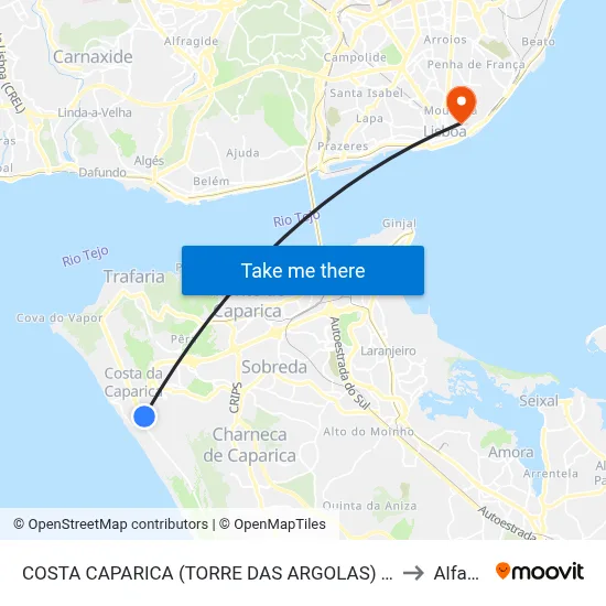 COSTA CAPARICA (TORRE DAS ARGOLAS) TER P2 to Alfama map