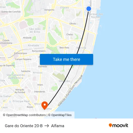 Gare do Oriente 20-B to Alfama map