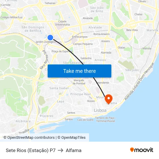 Sete Rios (Estação) P7 to Alfama map