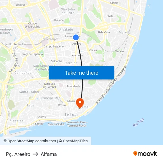 Pç. Areeiro to Alfama map
