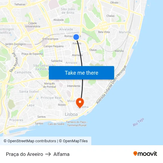 Praça do Areeiro to Alfama map
