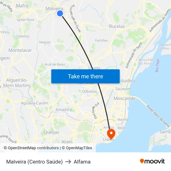 Malveira (Centro Saúde) to Alfama map