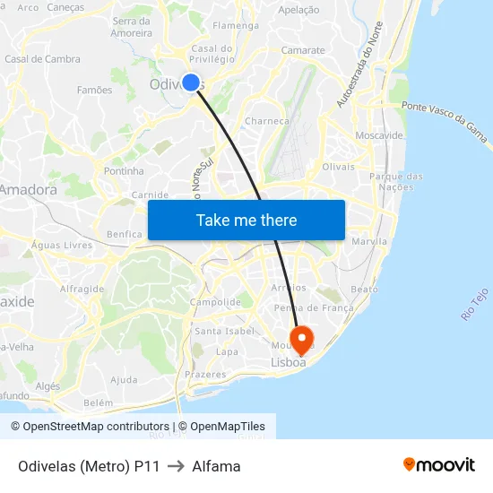 Odivelas (Metro) P11 to Alfama map