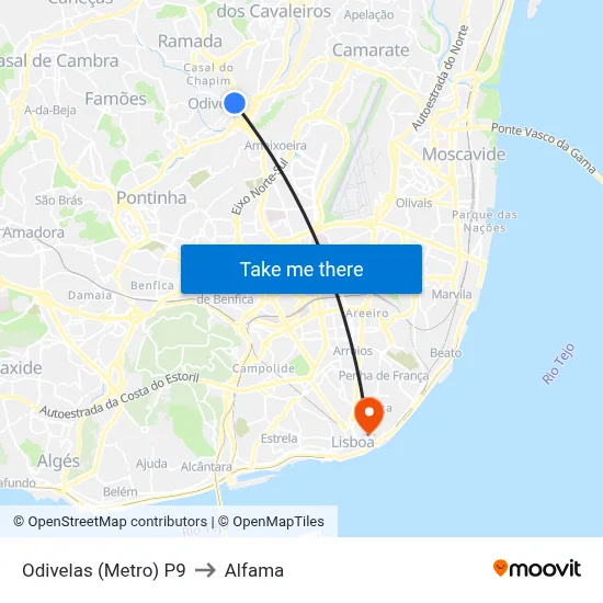 Odivelas (Metro) P9 to Alfama map
