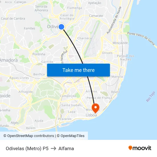 Odivelas (Metro) P5 to Alfama map