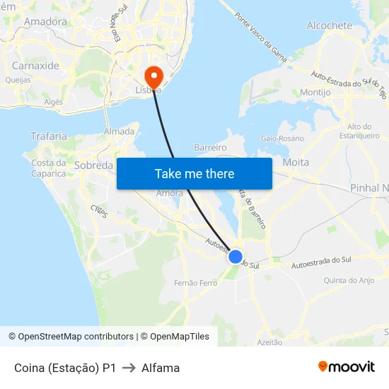 Coina (Estação) P1 to Alfama map
