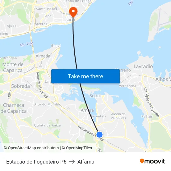 Estação do Fogueteiro P6 to Alfama map
