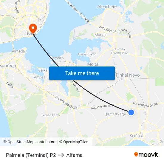 Palmela (Terminal) P2 to Alfama map