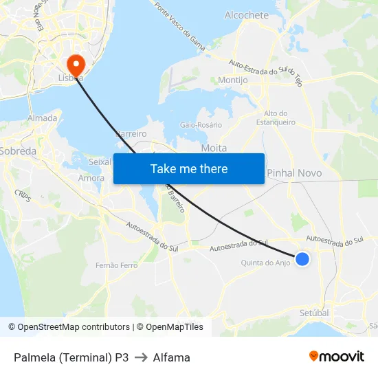 Palmela (Terminal) P3 to Alfama map