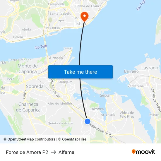 Foros de Amora P2 to Alfama map