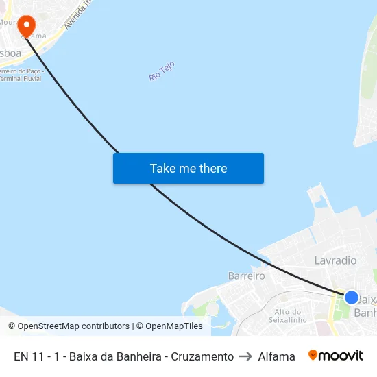 EN 11 - 1 - Baixa da Banheira - Cruzamento to Alfama map