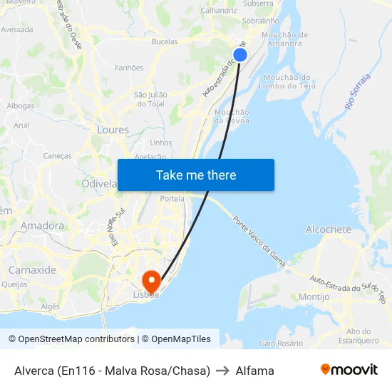Alverca (En116 - Malva Rosa/Chasa) to Alfama map