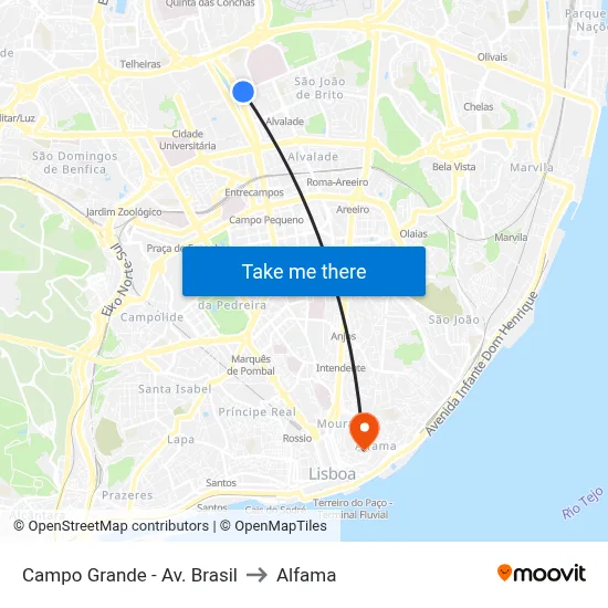 Campo Grande - Av. Brasil to Alfama map