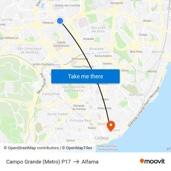 Campo Grande (Metro) P17 to Alfama map