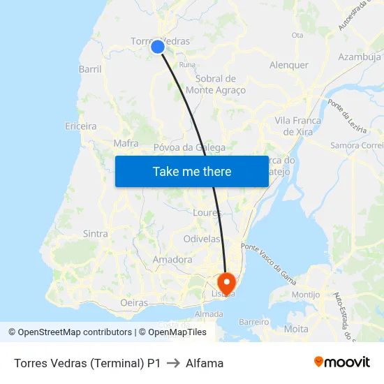 Torres Vedras (Terminal) P1 to Alfama map