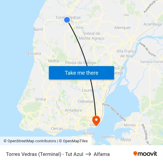 Torres Vedras (Terminal) - Tut Azul to Alfama map
