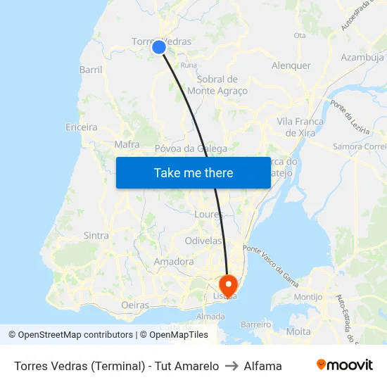 Torres Vedras (Terminal) - Tut Amarelo to Alfama map
