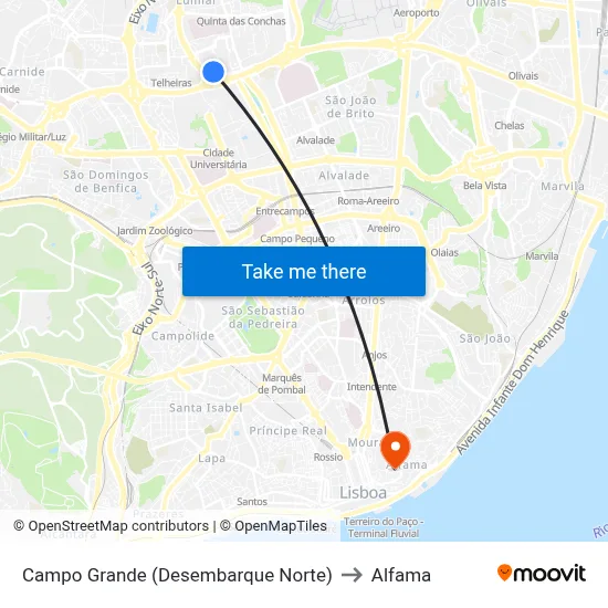 Campo Grande (Desembarque Norte) to Alfama map