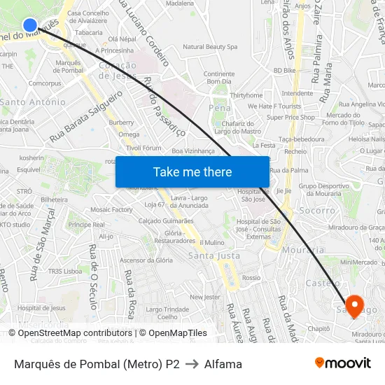 Marquês de Pombal (Metro) P2 to Alfama map