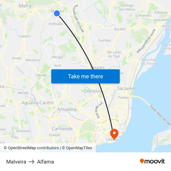 Malveira to Alfama map