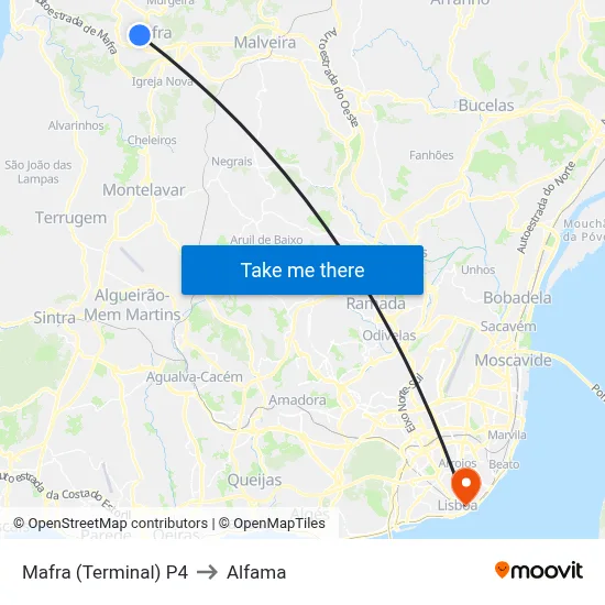 Mafra (Terminal) P4 to Alfama map