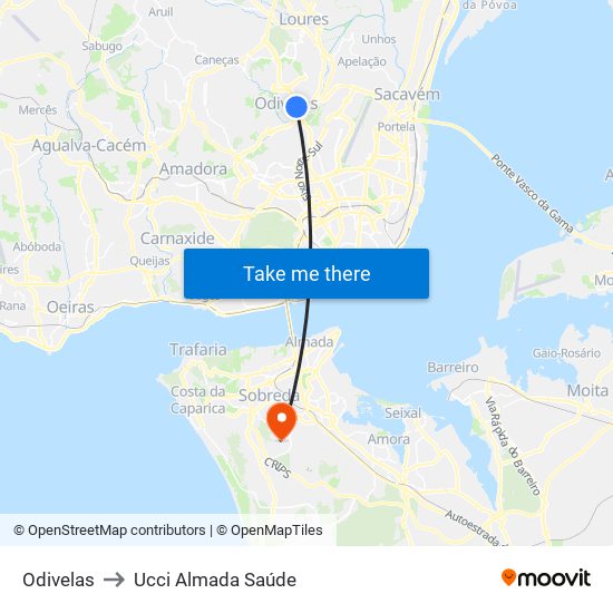 Odivelas to Ucci Almada Saúde map