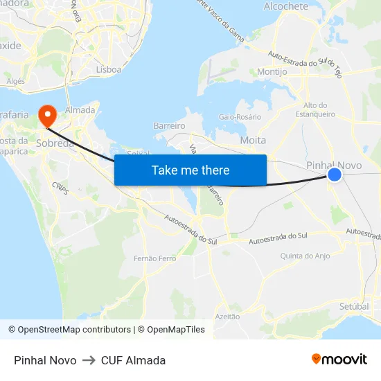 Pinhal Novo to CUF Almada map