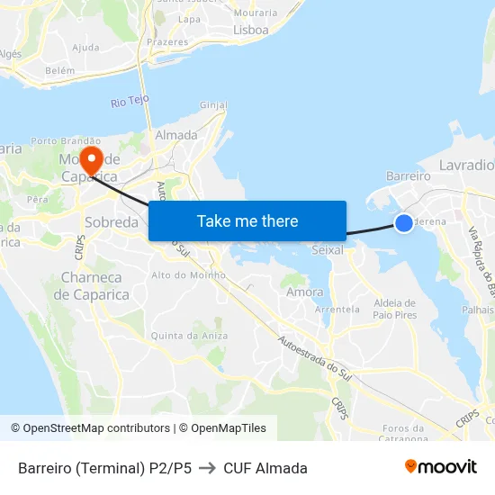 Barreiro (Terminal) P2/P5 to CUF Almada map