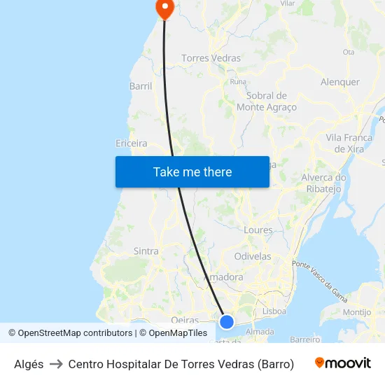 Algés to Centro Hospitalar De Torres Vedras (Barro) map