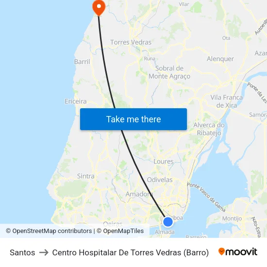 Santos to Centro Hospitalar De Torres Vedras (Barro) map