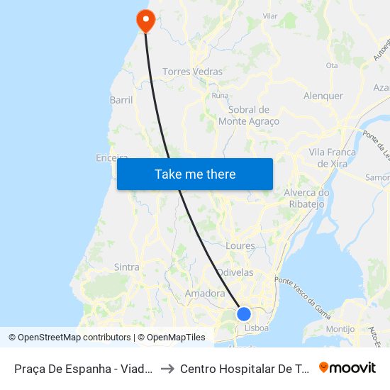 Praça De Espanha - Viaduto Da Av. Gulbenkian to Centro Hospitalar De Torres Vedras (Barro) map