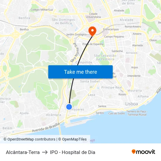 Alcântara-Terra to IPO - Hospital de Dia map