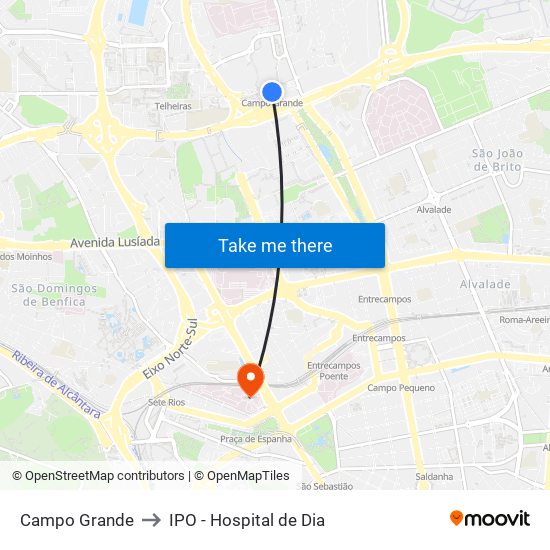 Campo Grande to IPO - Hospital de Dia map