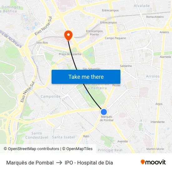 Marquês de Pombal to IPO - Hospital de Dia map