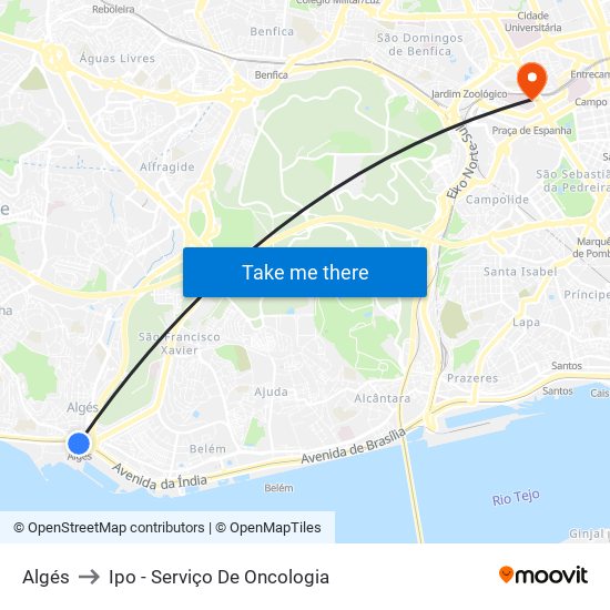 Algés to Ipo - Serviço De Oncologia map