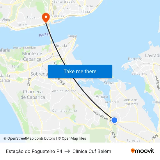 Estação do Fogueteiro P4 to Clínica Cuf Belém map
