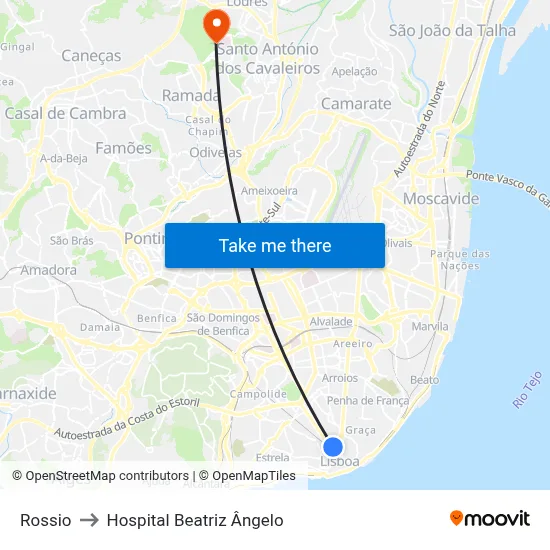 Rossio to Hospital Beatriz Ângelo map