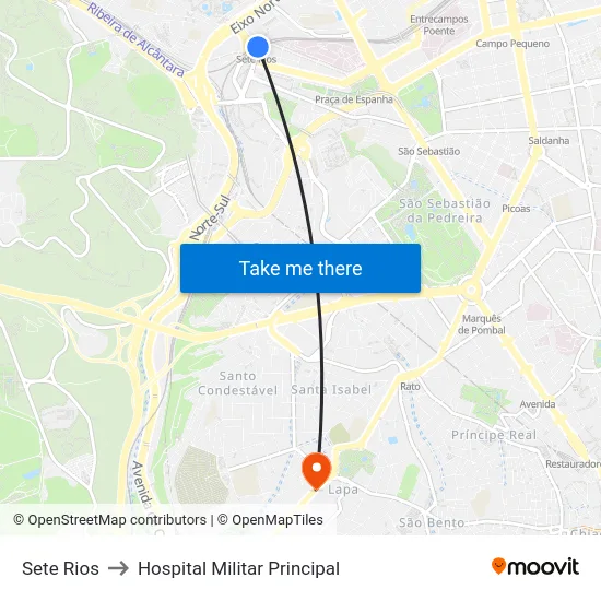 Sete Rios to Hospital Militar Principal map