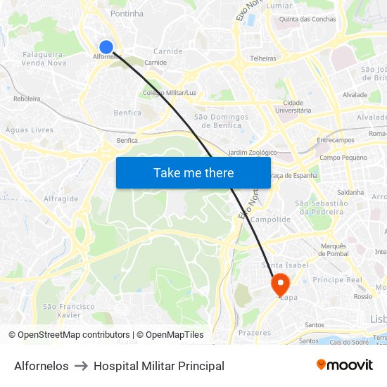 Alfornelos to Hospital Militar Principal map