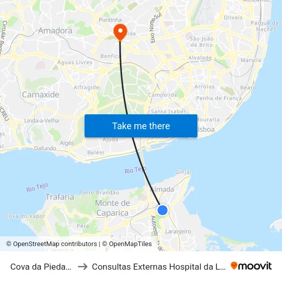 Cova da Piedade to Consultas Externas Hospital da Luz map